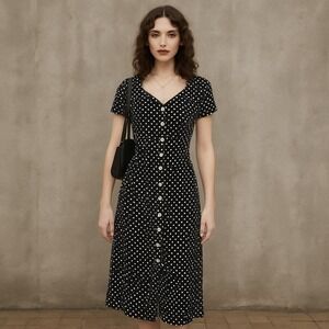 Vintage 80s 90s‎ Dawn Joy Black White Polka Dot Pearl Button Front Midi Dress